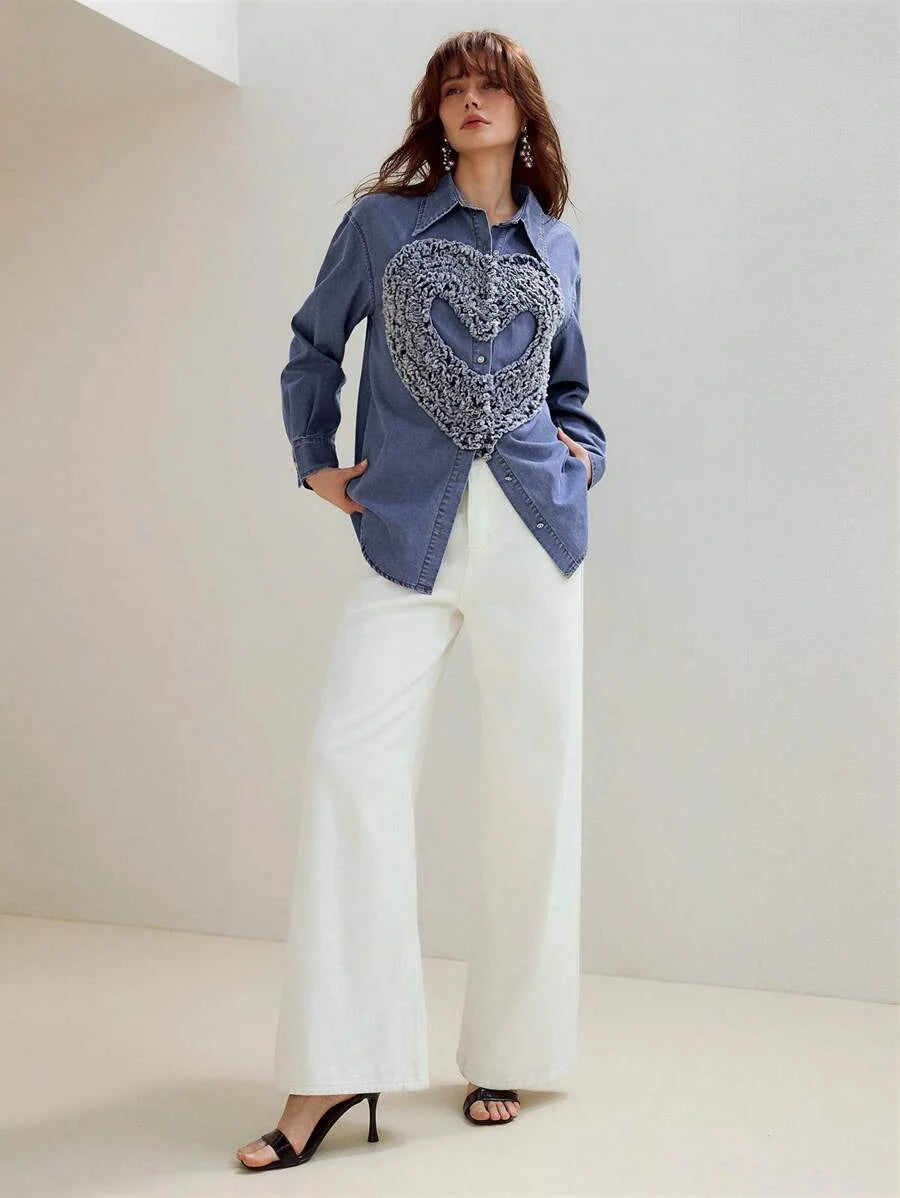 PREMIUM RAW EDGE HEART PATTERN DROP SHOULDER OVERSIZE DENIM SHIRT