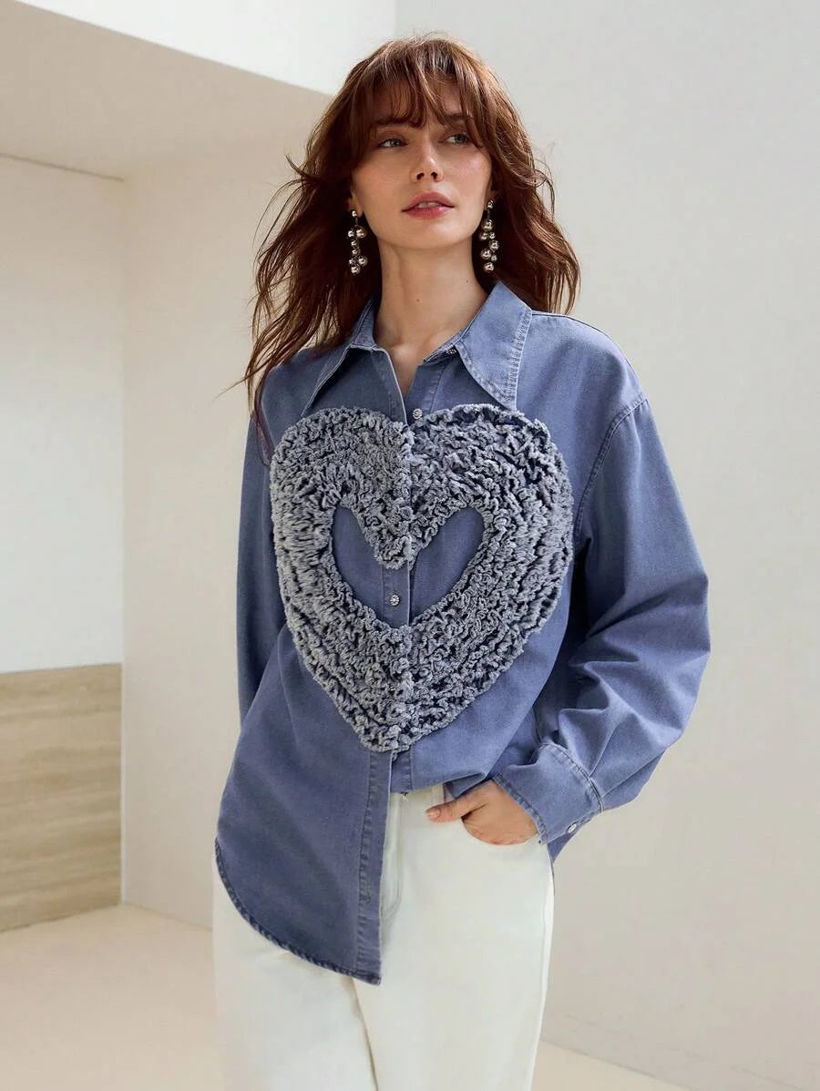 PREMIUM RAW EDGE HEART PATTERN DROP SHOULDER OVERSIZE DENIM SHIRT