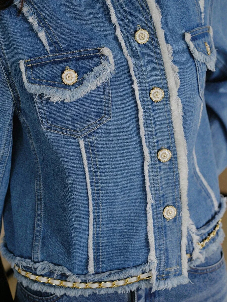 PREMIUM RAW HEM SINGLE BREASTED PLACKET DENIM JACKET