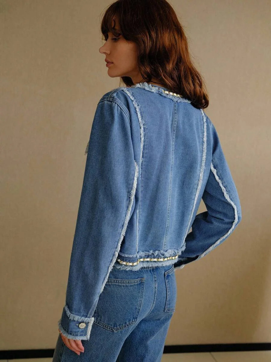 PREMIUM RAW HEM SINGLE BREASTED PLACKET DENIM JACKET