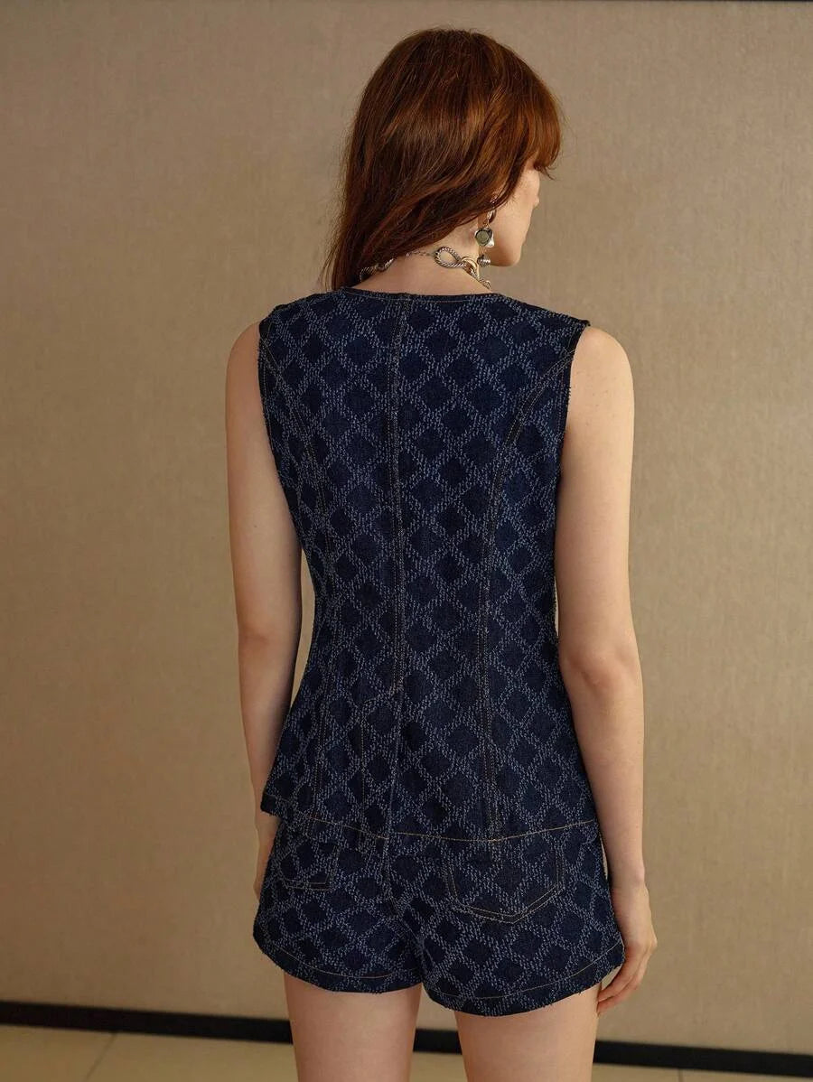 PREMIUM REFINED CASUAL TEXTURED DENIM FITTED WAIST TOP