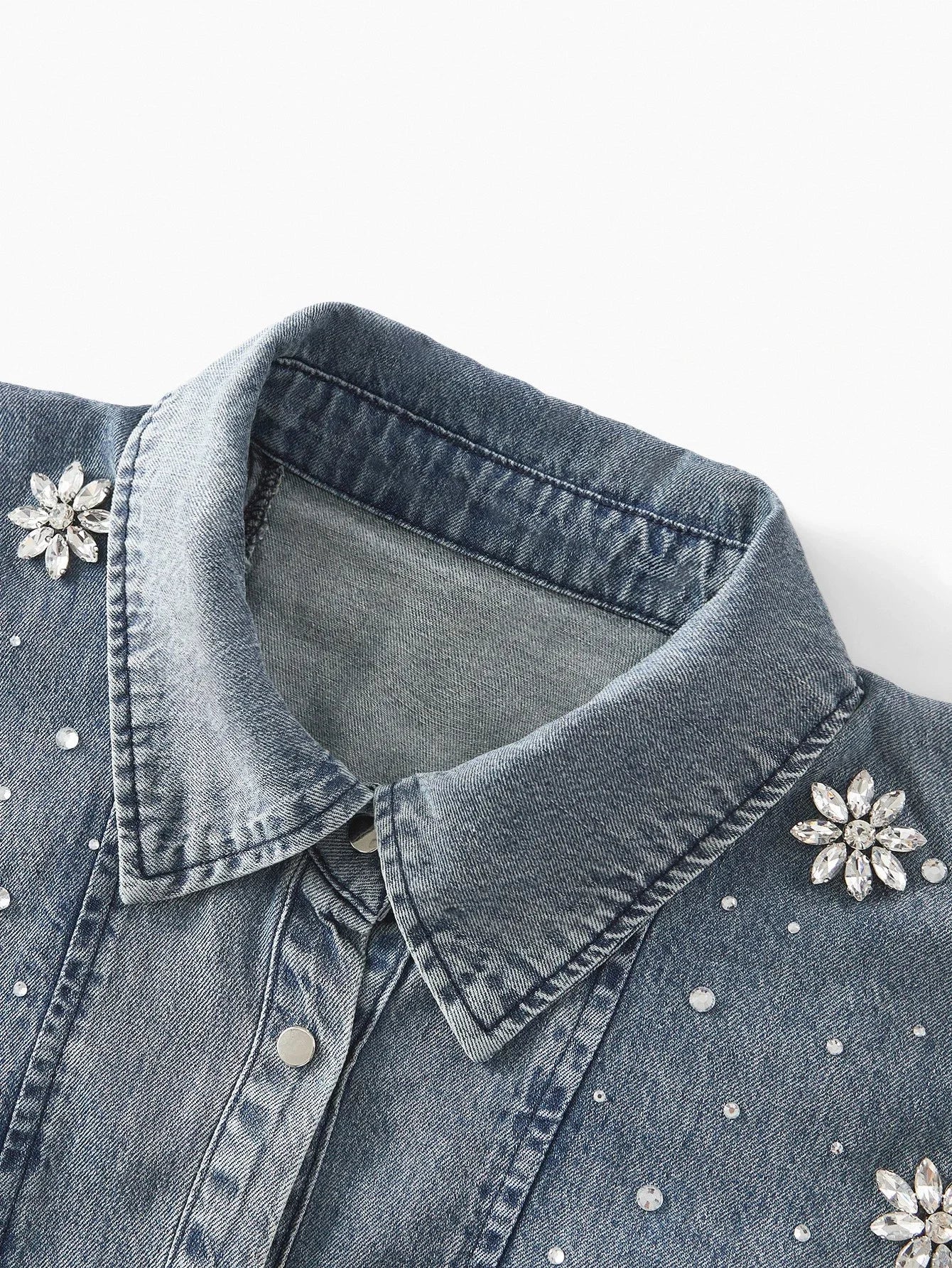 PREMIUM RHINESTONE BUTTON UP DENIM TOP