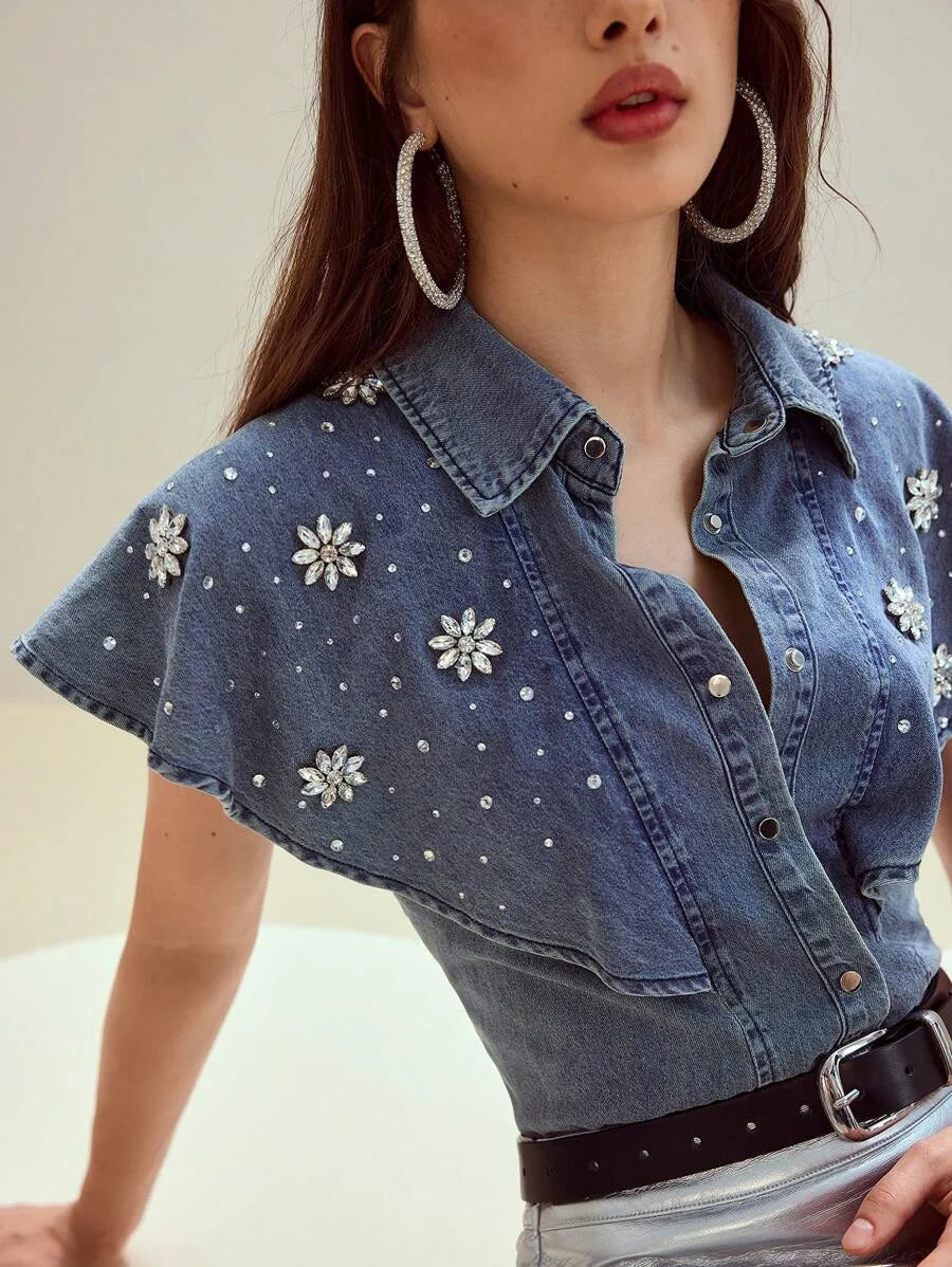 PREMIUM RHINESTONE BUTTON UP DENIM TOP