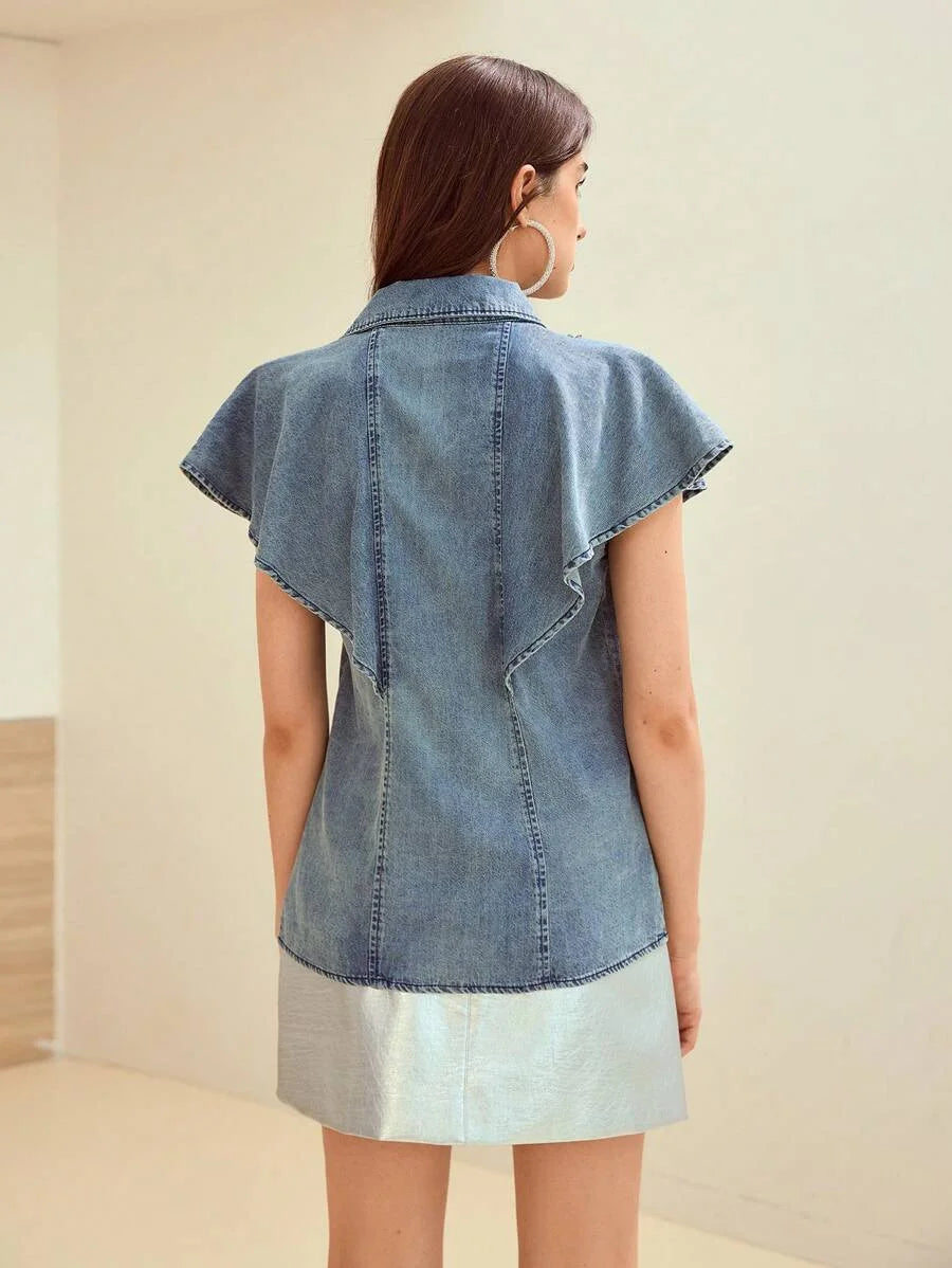 PREMIUM RHINESTONE BUTTON UP DENIM TOP