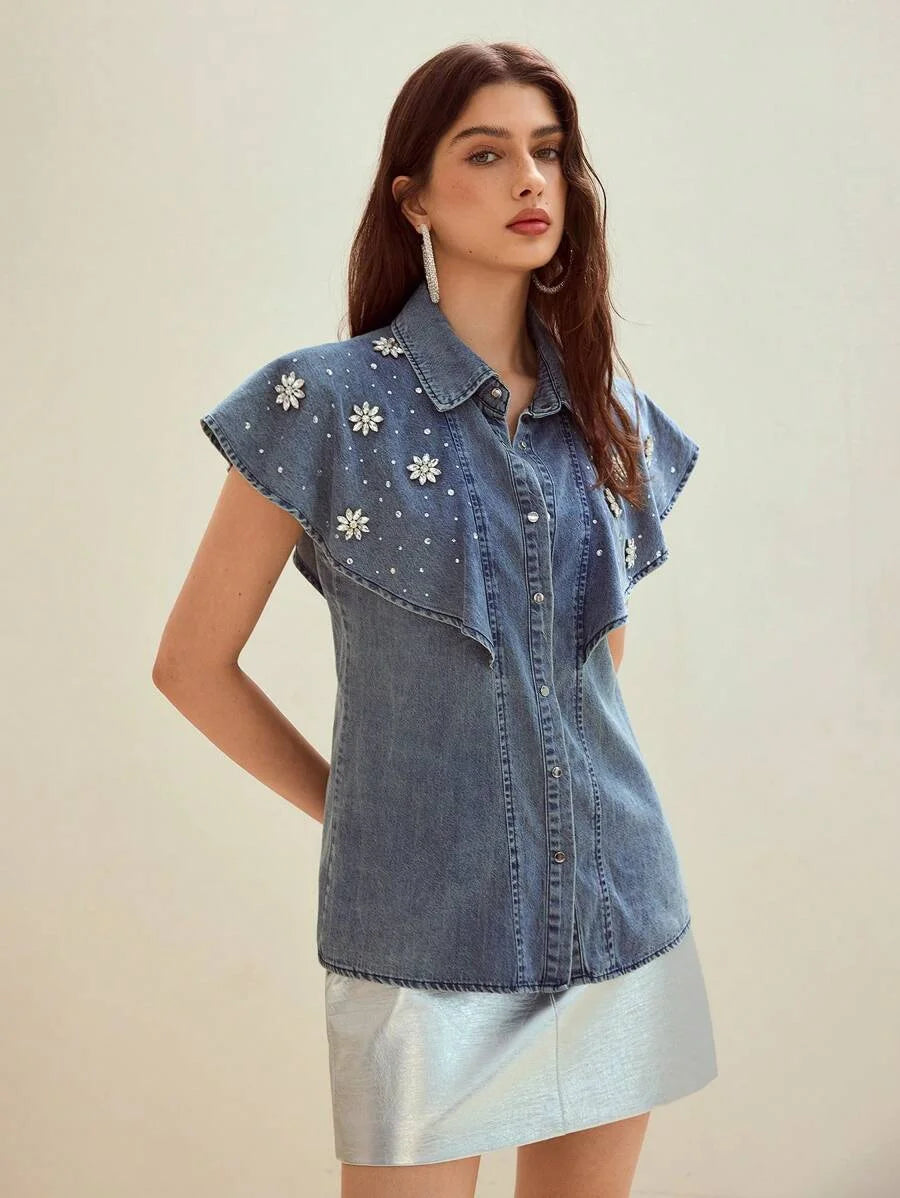 PREMIUM RHINESTONE BUTTON UP DENIM TOP