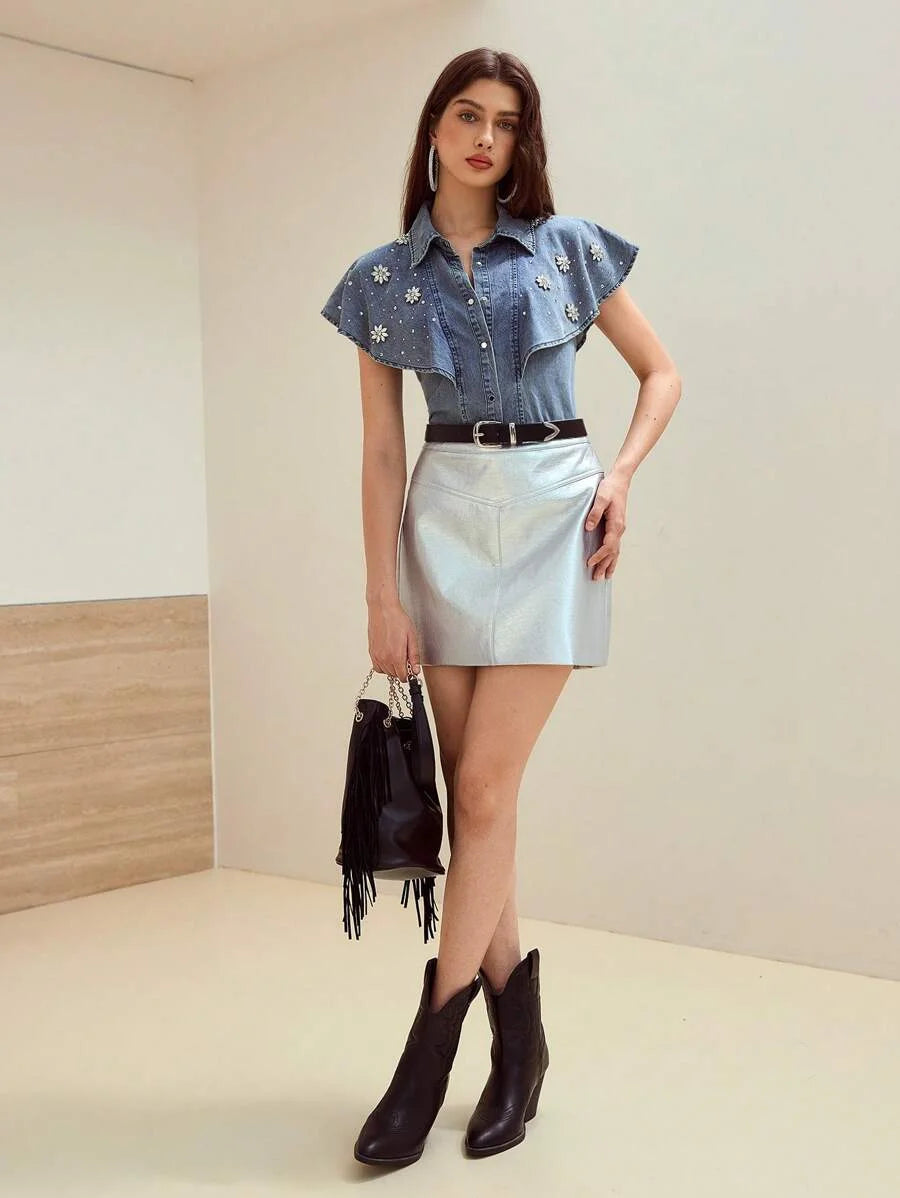 PREMIUM RHINESTONE BUTTON UP DENIM TOP