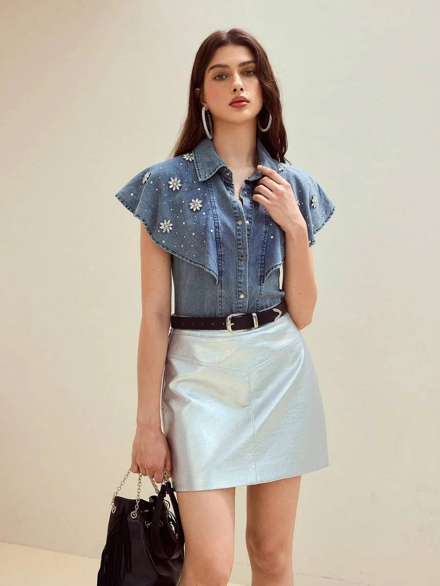 PREMIUM RHINESTONE BUTTON UP DENIM TOP