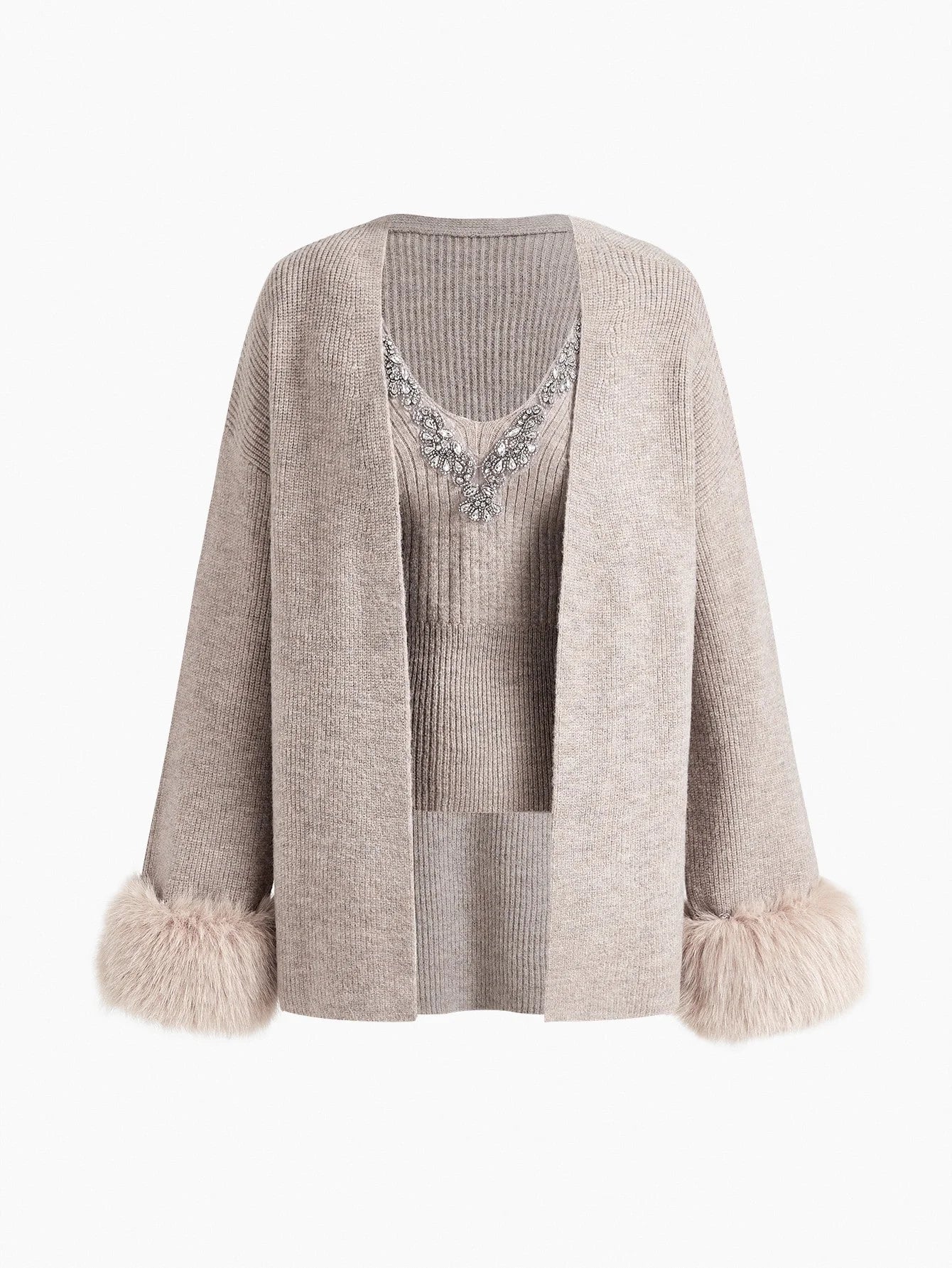 PREMIUM RHINESTONE DETAIL KNIT TOP amp CONTRAST FAUX FUR TRIM CARDIGAN