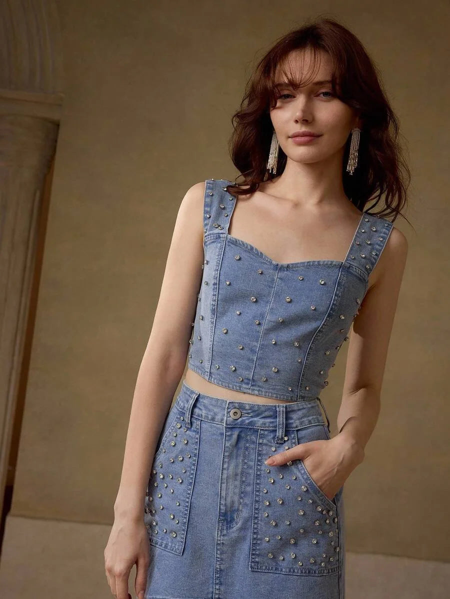 PREMIUM RHINESTONE DETAIL TOP amp SKIRT DENIM 2 PIECES SET