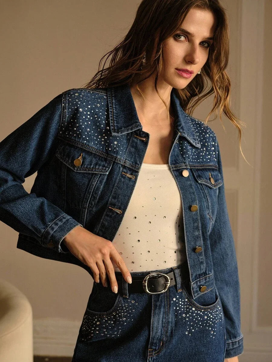 PREMIUM RHINESTONE EMBELLISHED BUTTON FRONT DENIM JACKET AUTUMNWINTER