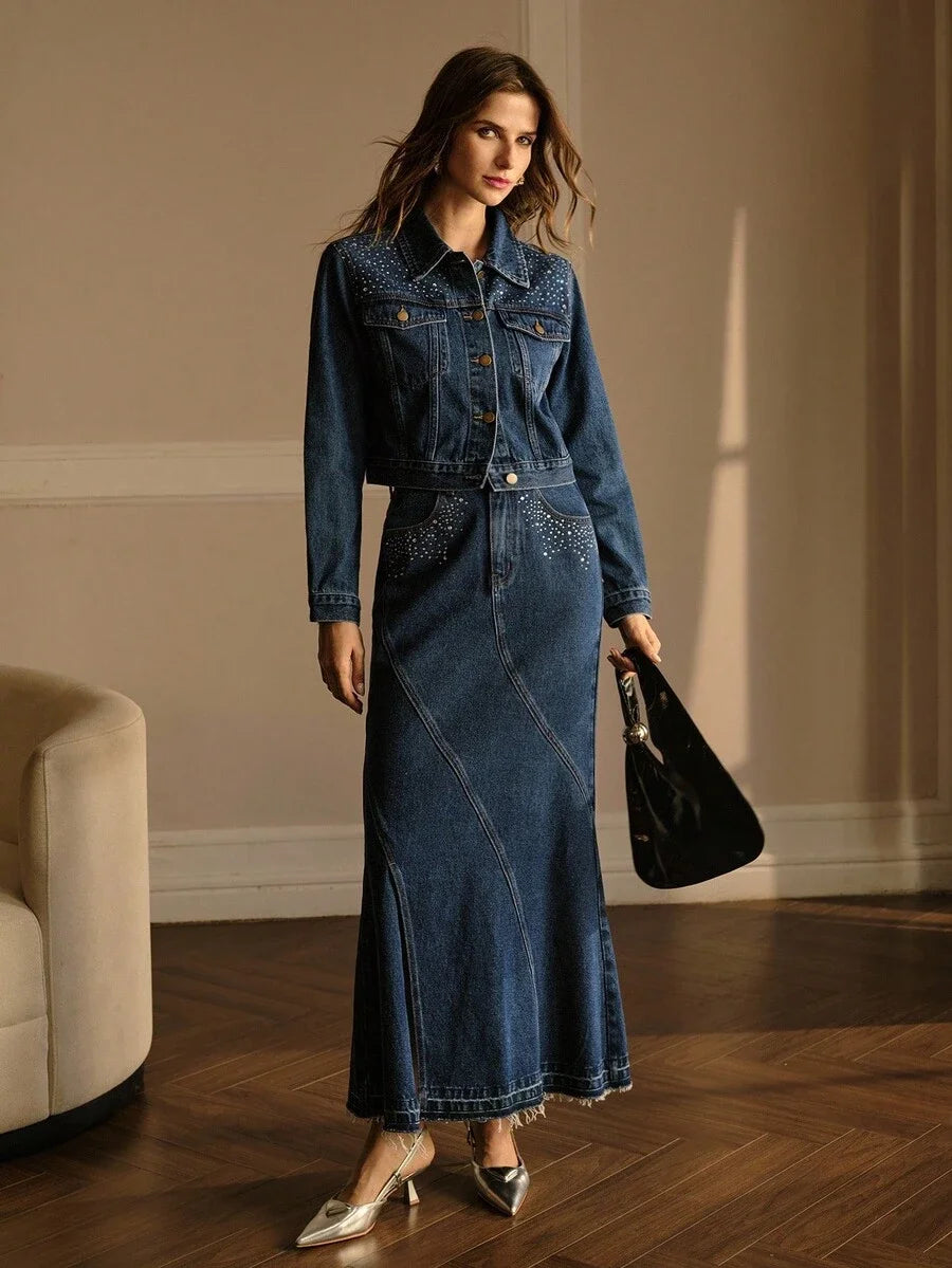 PREMIUM RHINESTONE EMBELLISHED BUTTON FRONT DENIM JACKET AUTUMNWINTER