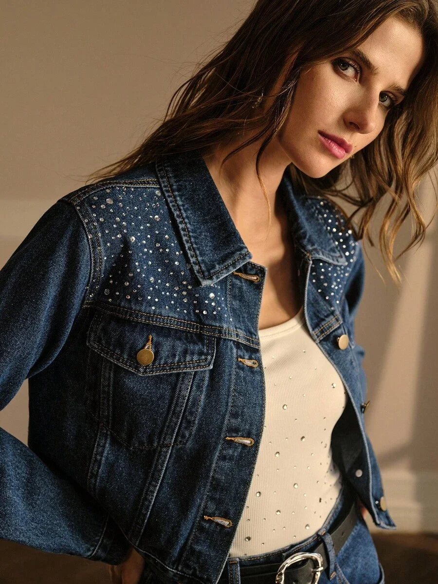 PREMIUM RHINESTONE EMBELLISHED BUTTON FRONT DENIM JACKET AUTUMNWINTER