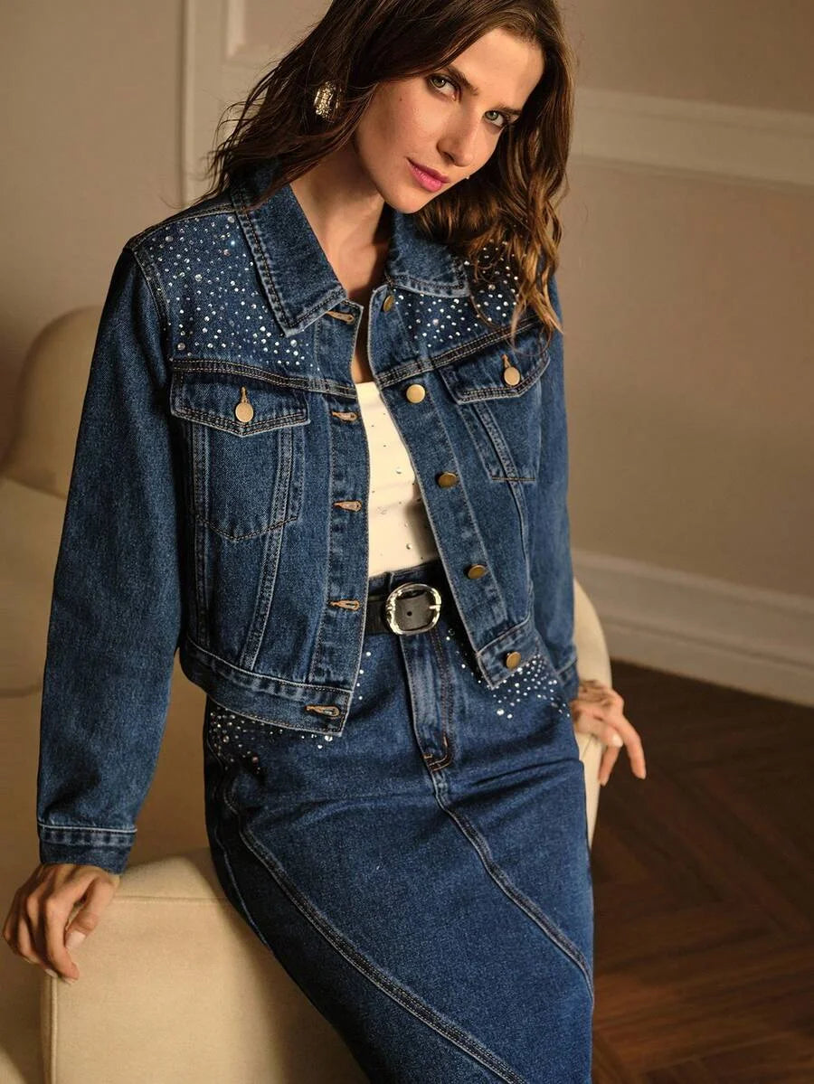 PREMIUM RHINESTONE EMBELLISHED BUTTON FRONT DENIM JACKET AUTUMNWINTER