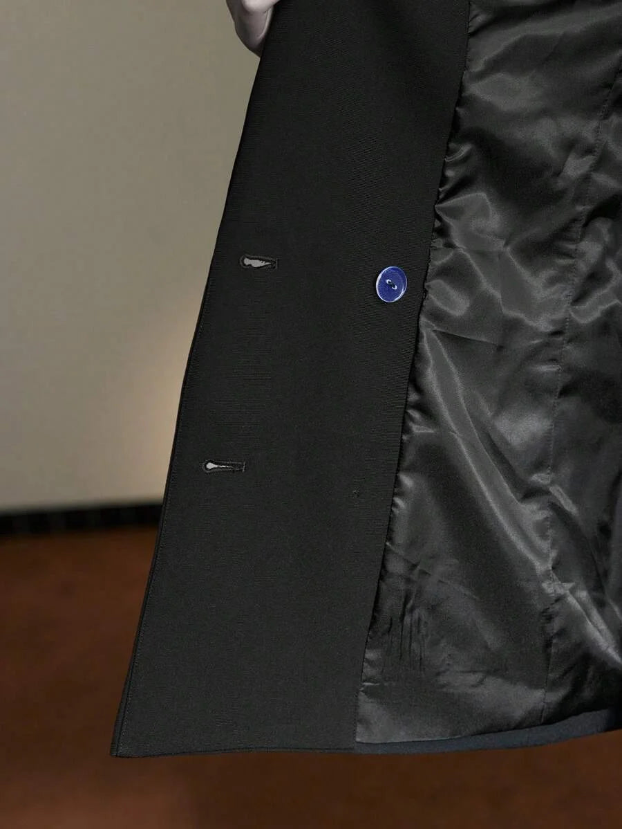 PREMIUM RHINESTONE PEAK COLLAR FLAP DETAIL DOUBLE BREASTED PLACKET BLAZER DRESS