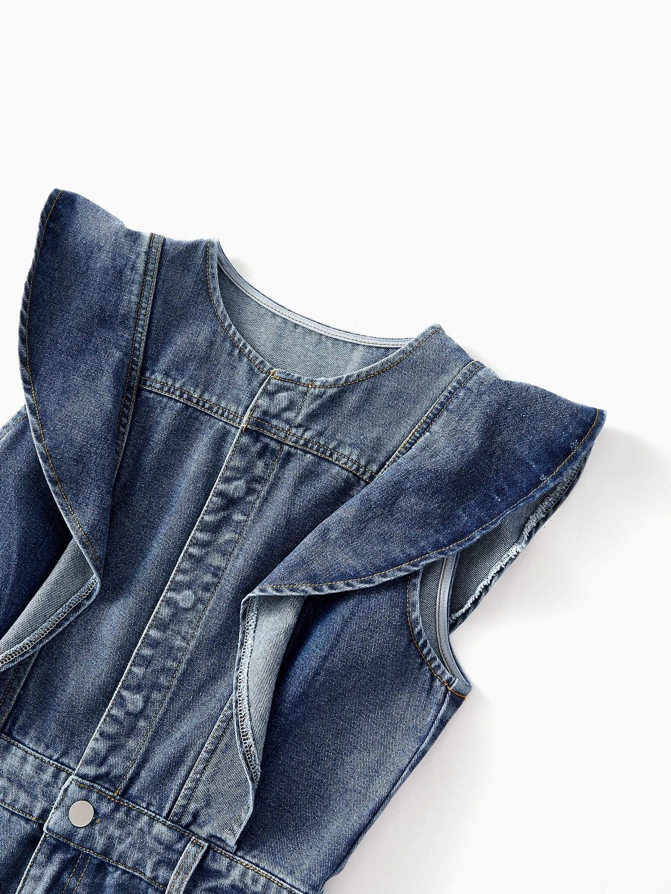 PREMIUM RUFFLE TRIM SLANT POCKET DENIM DRESS