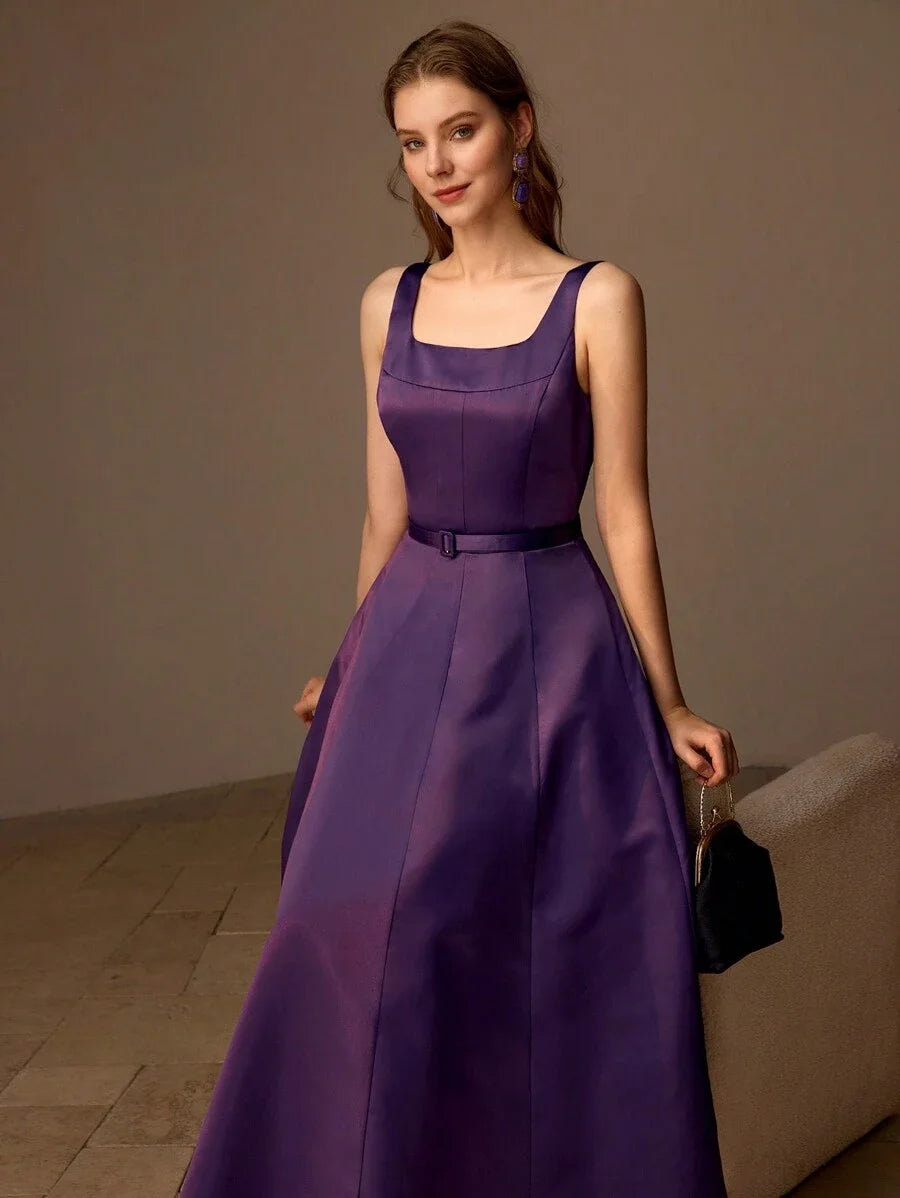 PREMIUM SOLID BUCKLE BELTED FLARE HEM LONG DRESS