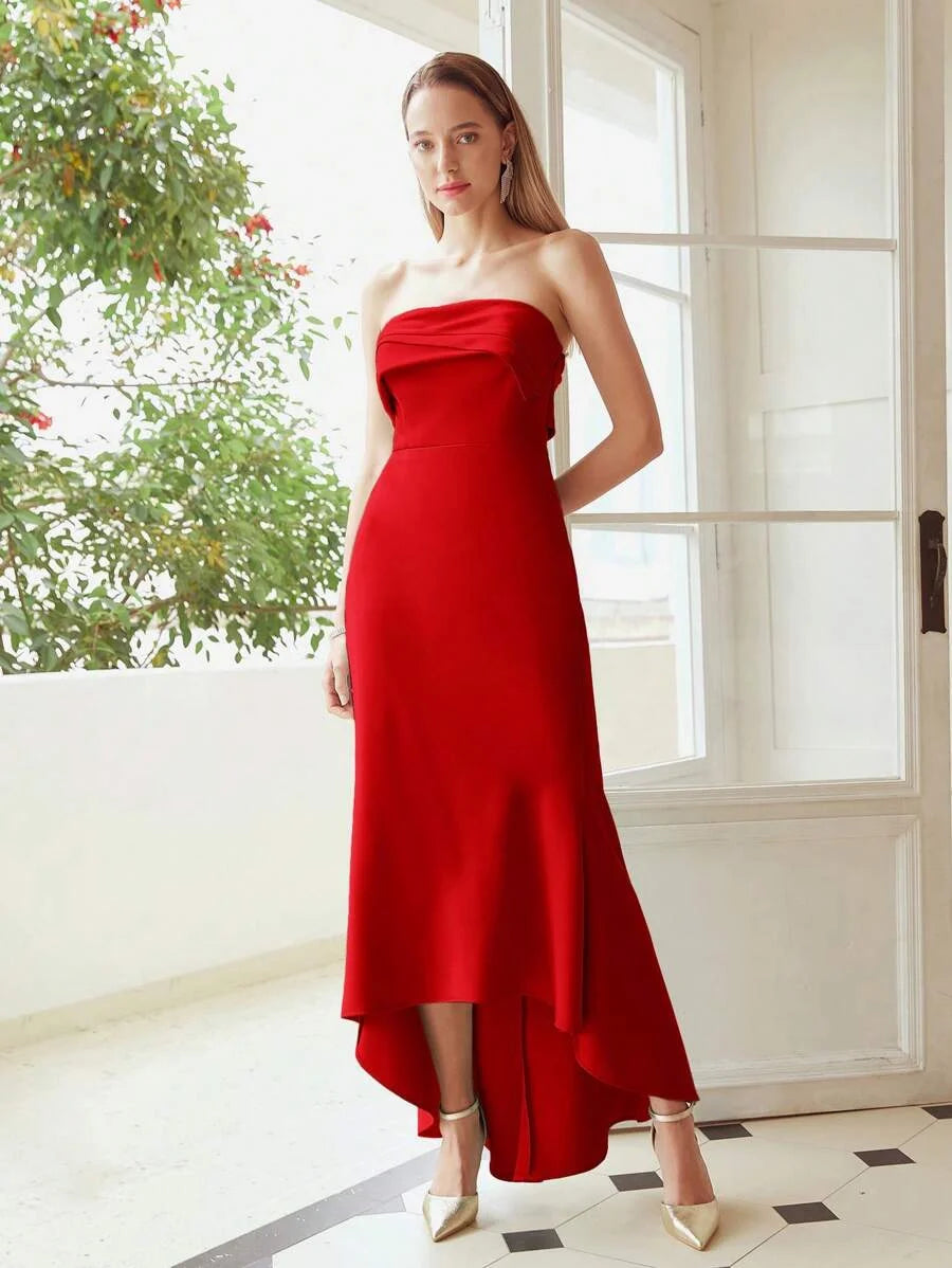 PREMIUM SOLID COLOR WOVEN MERMAID STRAPLESS DRESS FOR WOMEN