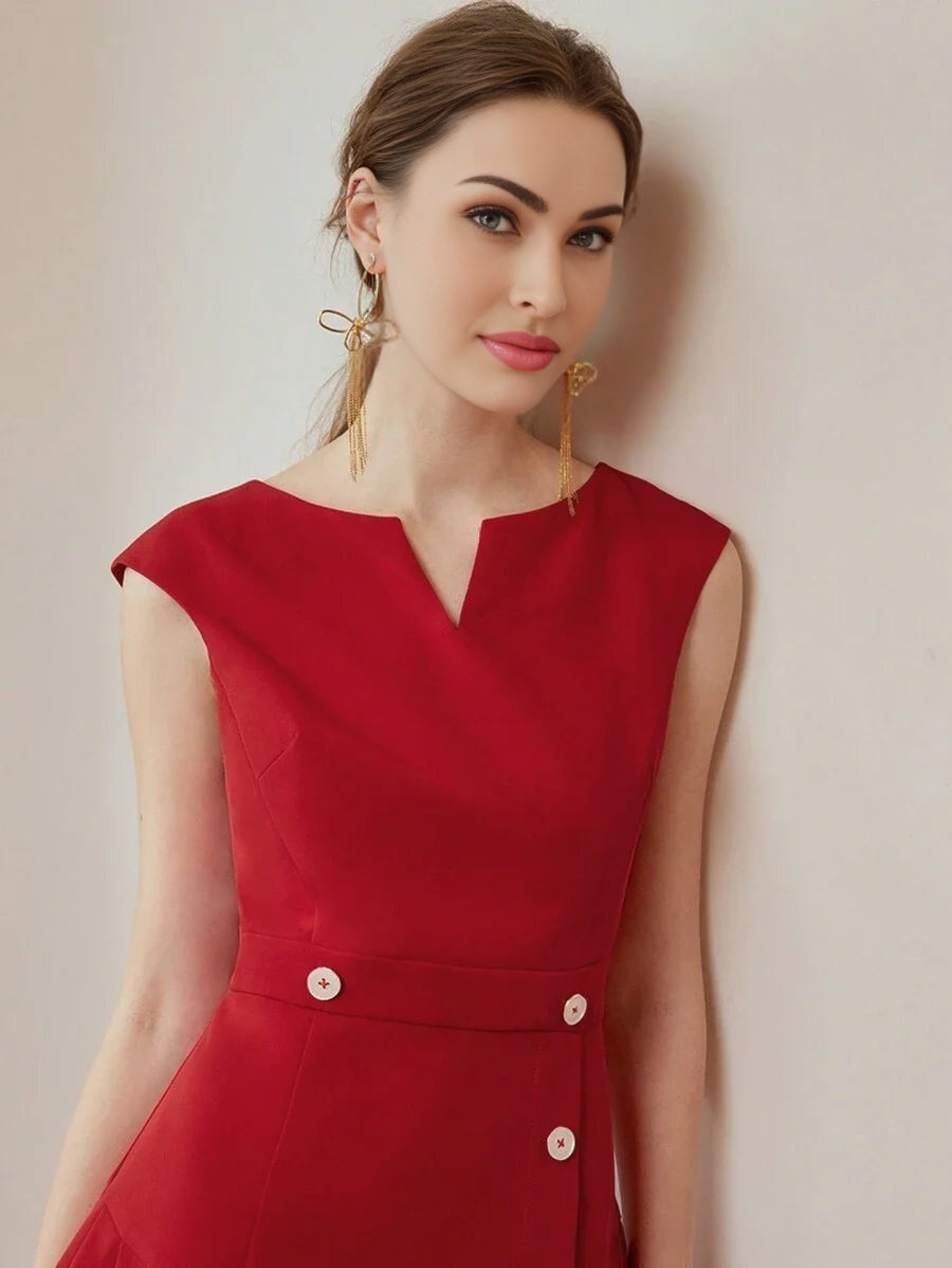 PREMIUM SOLID NOTCH NECK BUTTON DETAIL PLEATED PANEL HEM DRESS