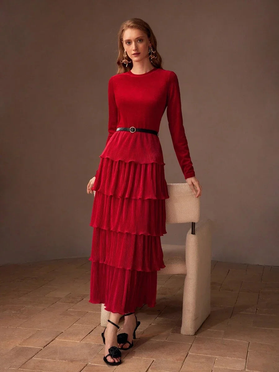 PREMIUM SOLID PLISSE LAYERED RUFFLE HEM BUCKLE BELTED DRESS