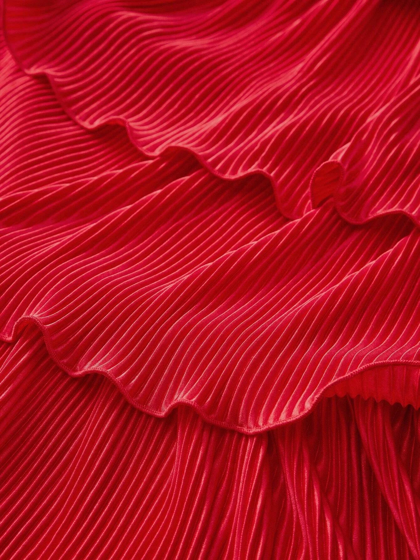PREMIUM SOLID PLISSE LAYERED RUFFLE HEM BUCKLE BELTED DRESS