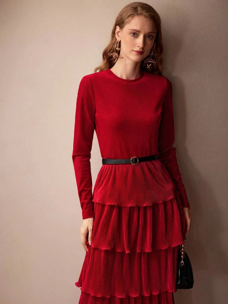 PREMIUM SOLID PLISSE LAYERED RUFFLE HEM BUCKLE BELTED DRESS