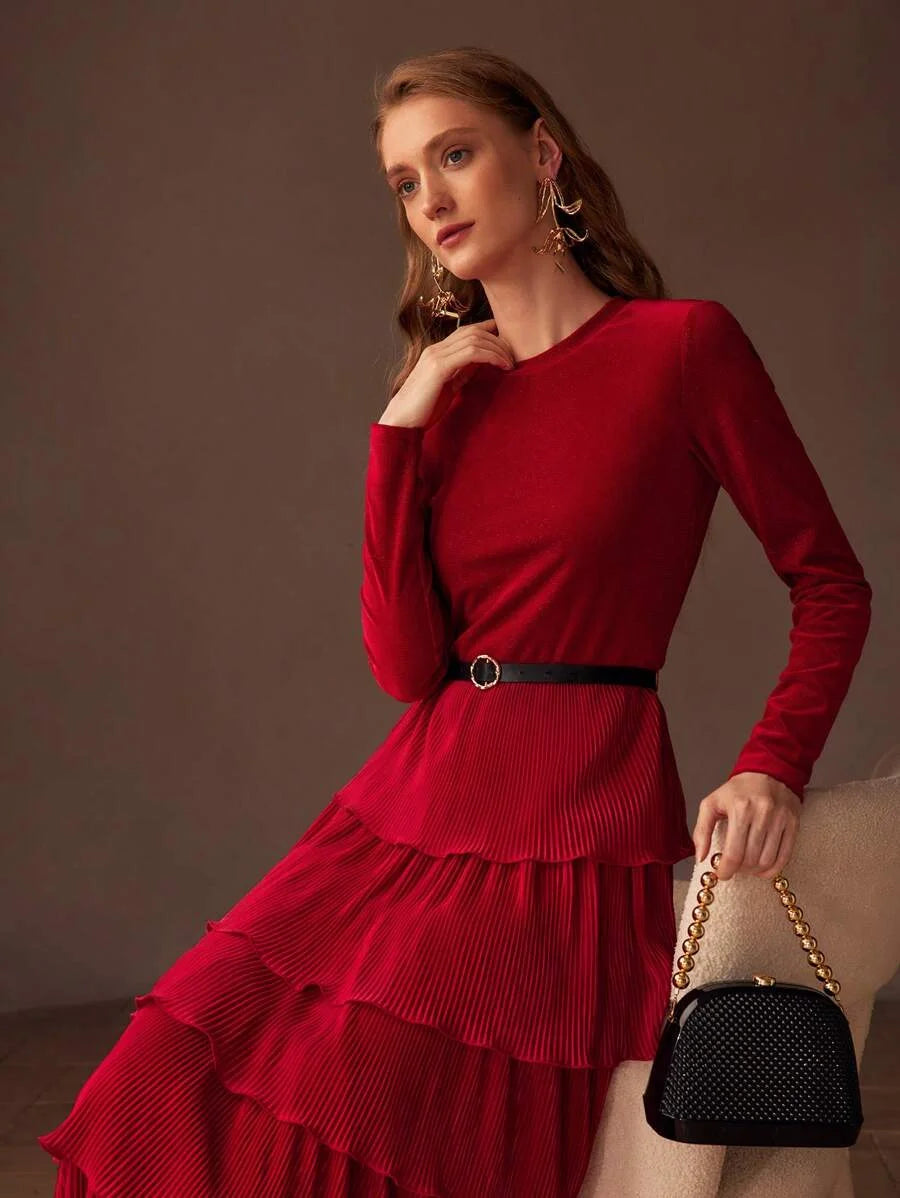 PREMIUM SOLID PLISSE LAYERED RUFFLE HEM BUCKLE BELTED DRESS