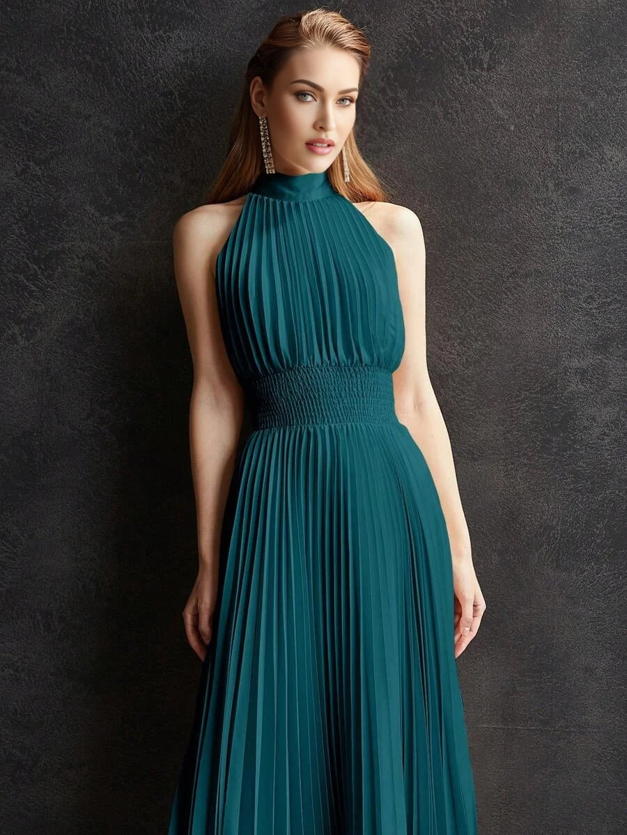 PREMIUM SOLID SHIRRED WAIST PLEATED LONG DRESS