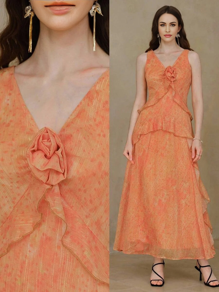 PREMIUM STEREO FLORAL RUFFLE TRIM DRESS