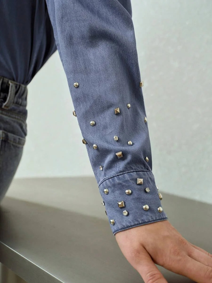 PREMIUM STUDDED DETAIL DROP SHOULDER OVERSIZE DENIM SHIRT