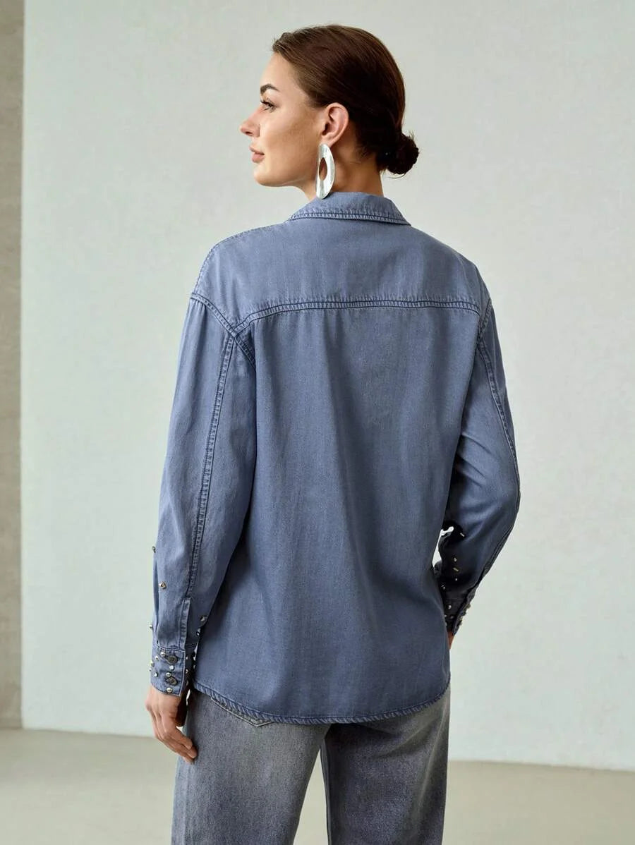 PREMIUM STUDDED DETAIL DROP SHOULDER OVERSIZE DENIM SHIRT