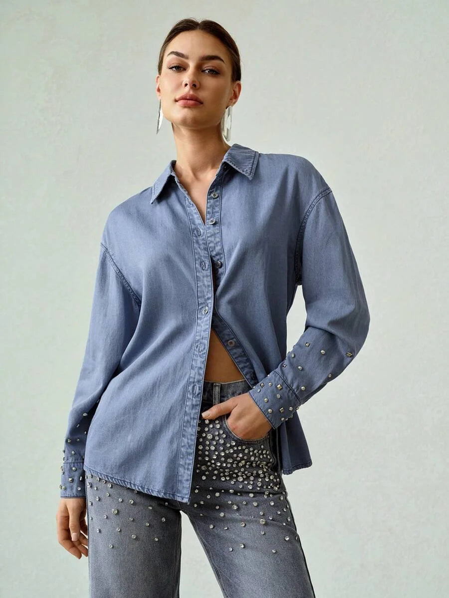 PREMIUM STUDDED DETAIL DROP SHOULDER OVERSIZE DENIM SHIRT