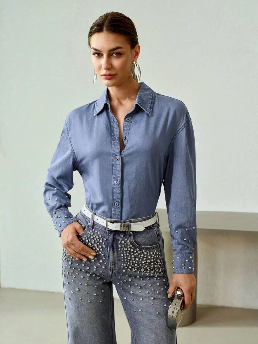 PREMIUM STUDDED DETAIL DROP SHOULDER OVERSIZE DENIM SHIRT