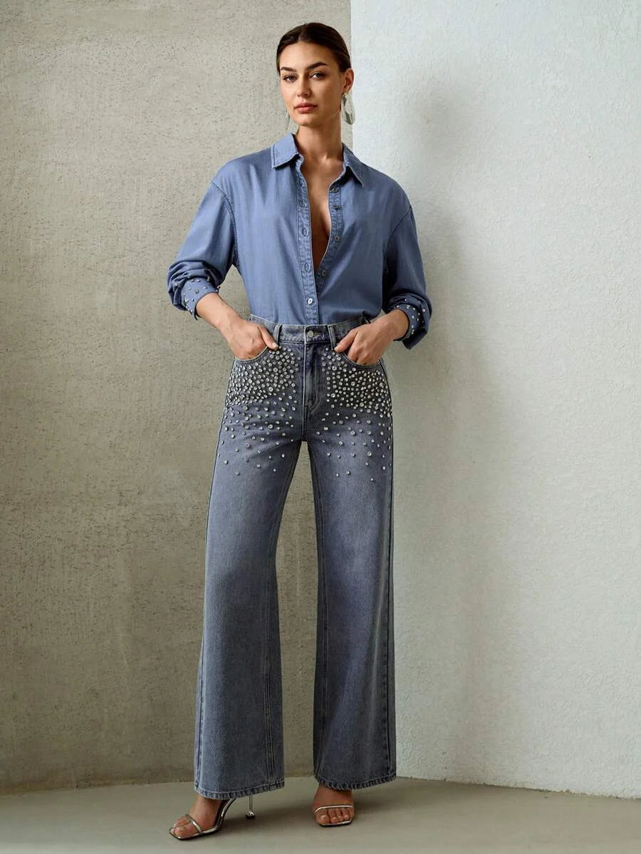 PREMIUM STUDDED DETAIL DROP SHOULDER OVERSIZE DENIM SHIRT