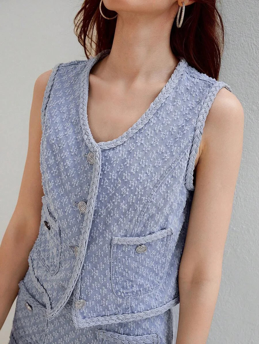 PREMIUM TEXTURED KNIT PATCH POCKET DENIM VEST JACKET