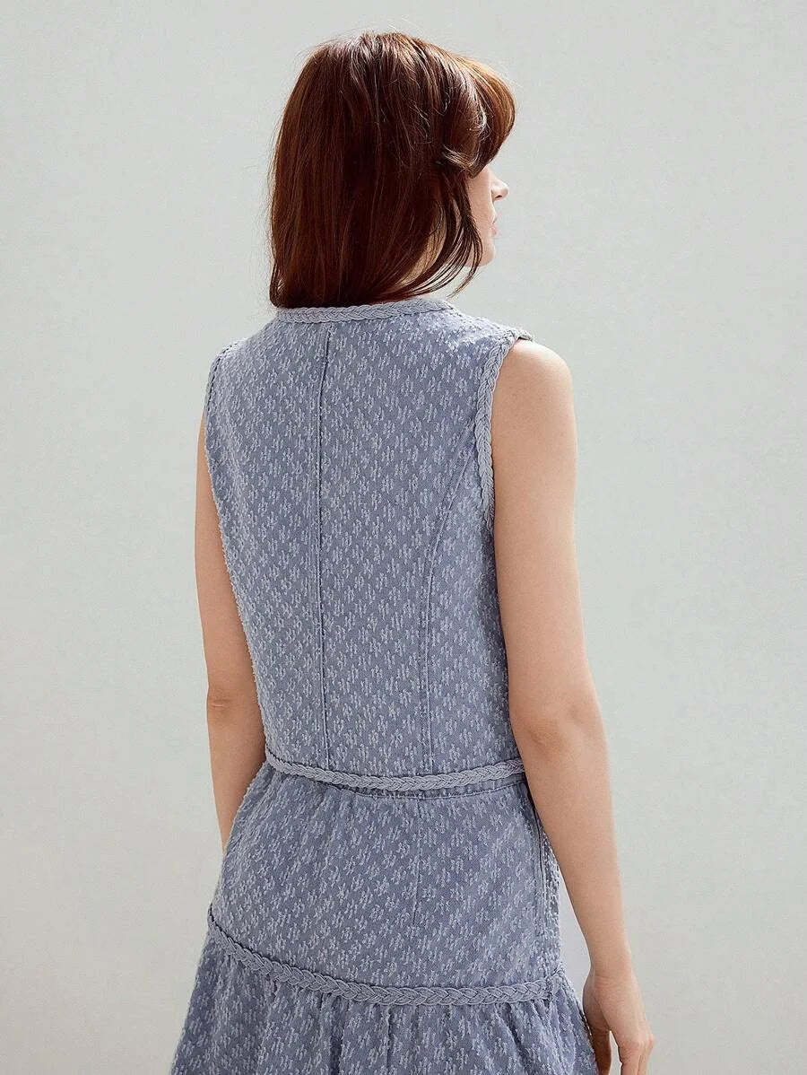 PREMIUM TEXTURED KNIT PATCH POCKET DENIM VEST JACKET