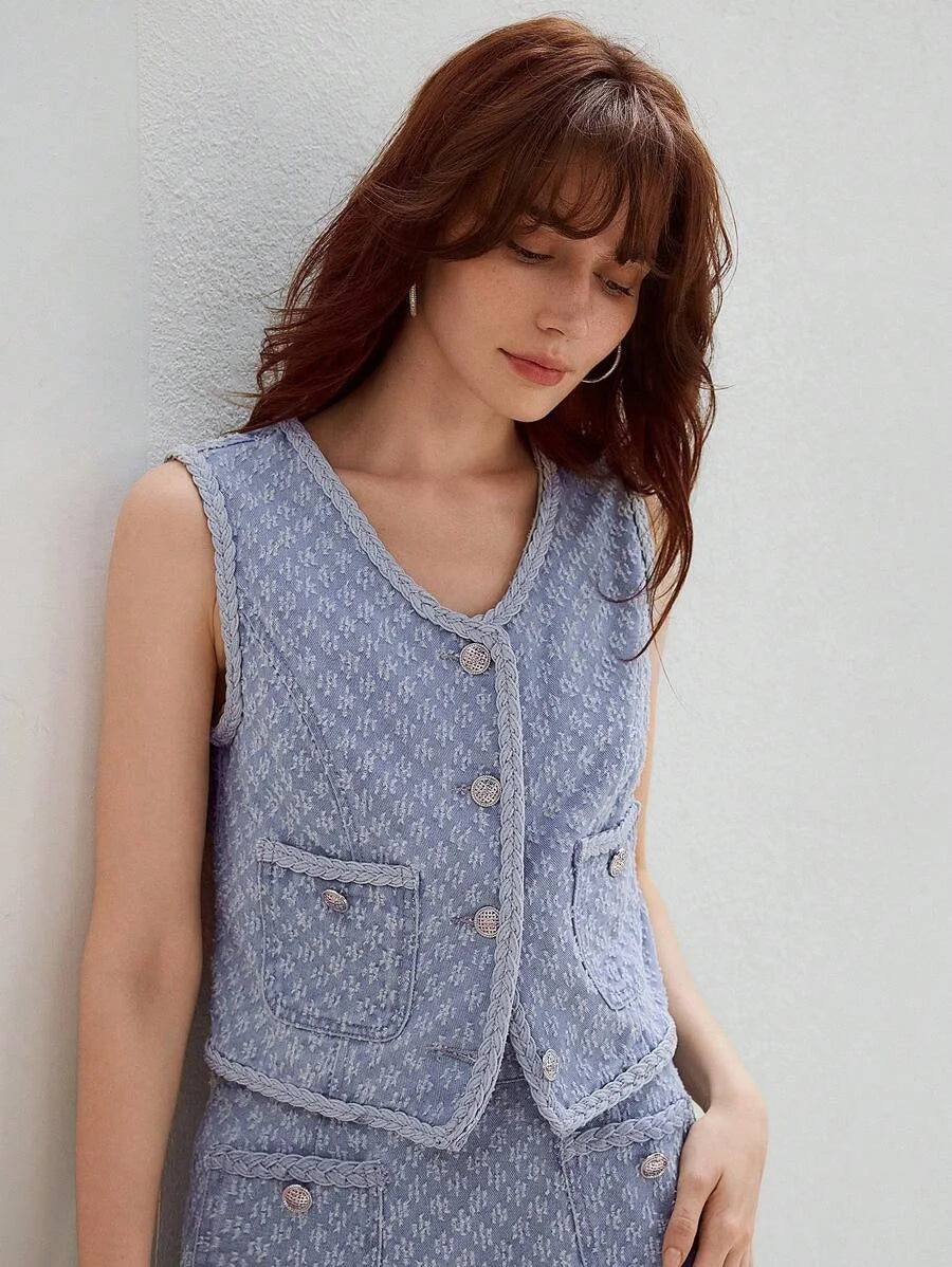 PREMIUM TEXTURED KNIT PATCH POCKET DENIM VEST JACKET