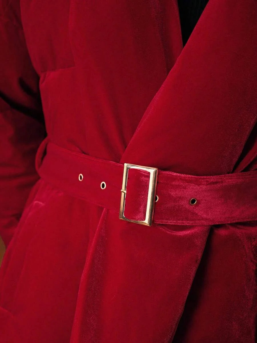PREMIUM VELVET SOLID SHAWL COLLAR BUCKLE BELTED PADDED COAT