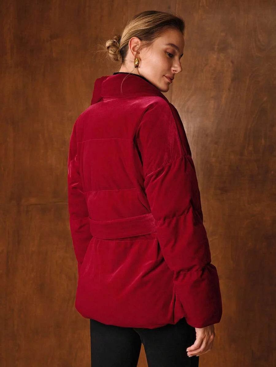 PREMIUM VELVET SOLID SHAWL COLLAR BUCKLE BELTED PADDED COAT