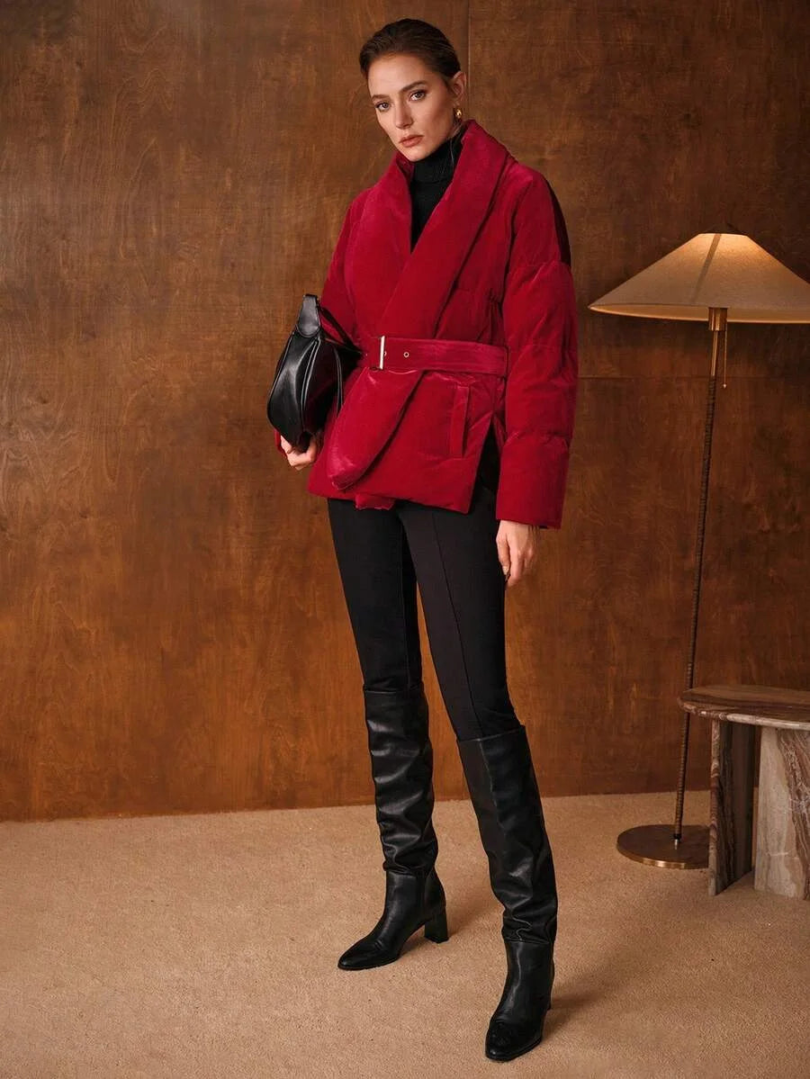 PREMIUM VELVET SOLID SHAWL COLLAR BUCKLE BELTED PADDED COAT