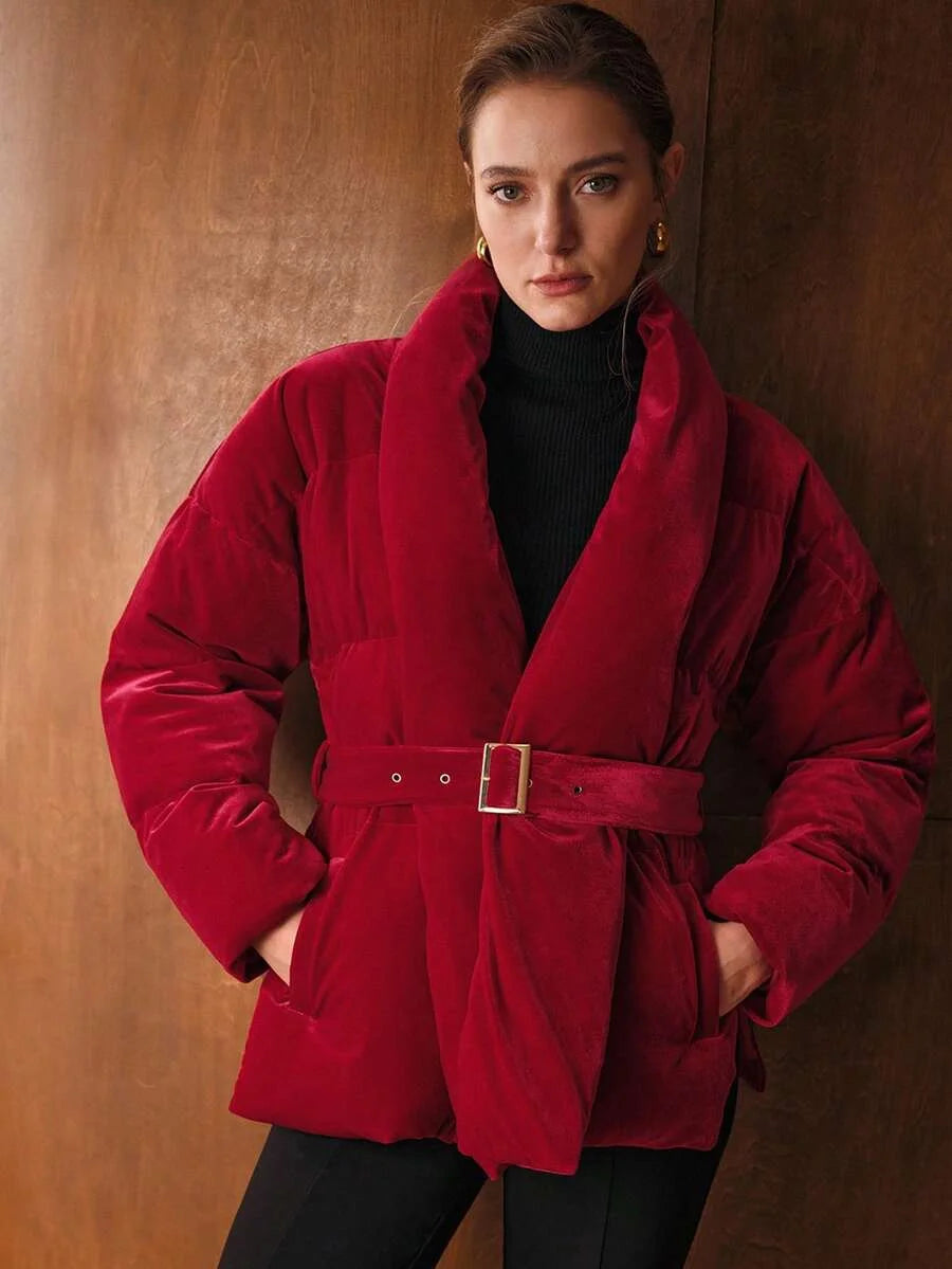 PREMIUM VELVET SOLID SHAWL COLLAR BUCKLE BELTED PADDED COAT
