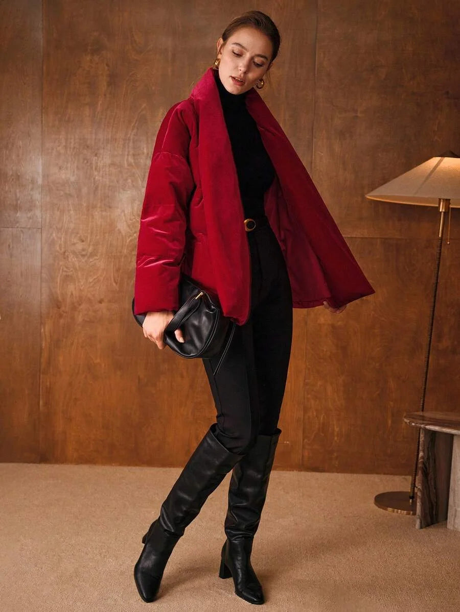 PREMIUM VELVET SOLID SHAWL COLLAR BUCKLE BELTED PADDED COAT