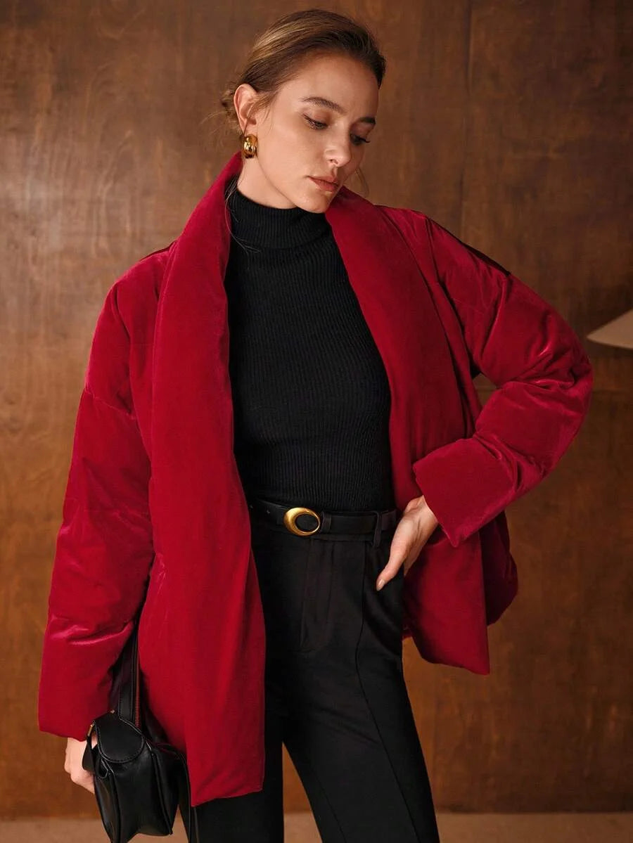 PREMIUM VELVET SOLID SHAWL COLLAR BUCKLE BELTED PADDED COAT