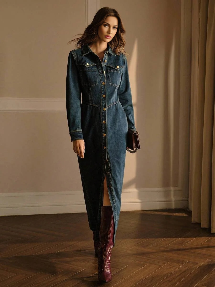 PREMIUM WOMENS AUTUMN FRONT BUTTON LONG SLEEVE DENIM DRESS