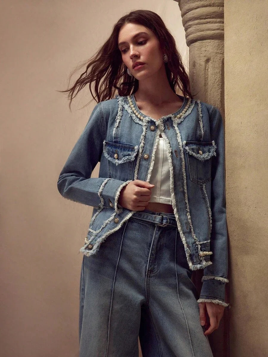 PREMIUM WOMENS FAUX PEARL AND CHAIN DETAIL RAW EDGE FLAP POCKET DENIM JACKET