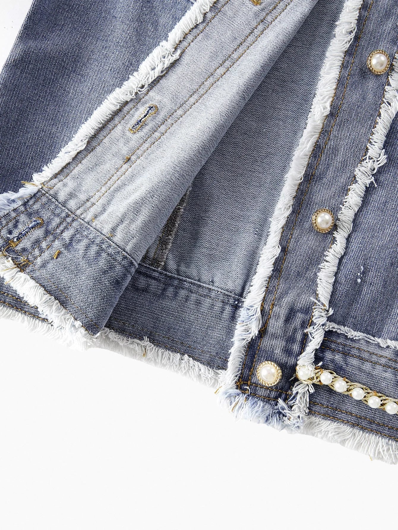 PREMIUM WOMENS FAUX PEARL AND CHAIN DETAIL RAW EDGE FLAP POCKET DENIM JACKET