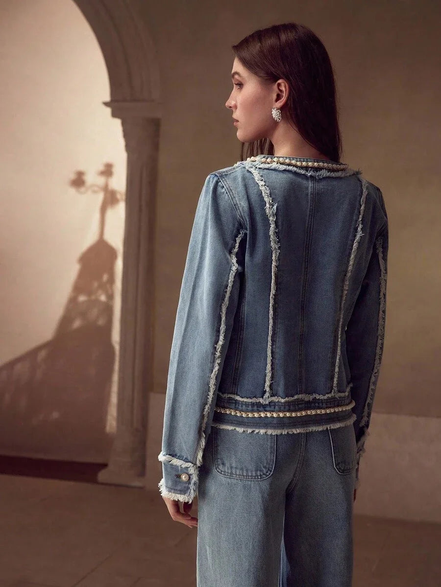 PREMIUM WOMENS FAUX PEARL AND CHAIN DETAIL RAW EDGE FLAP POCKET DENIM JACKET