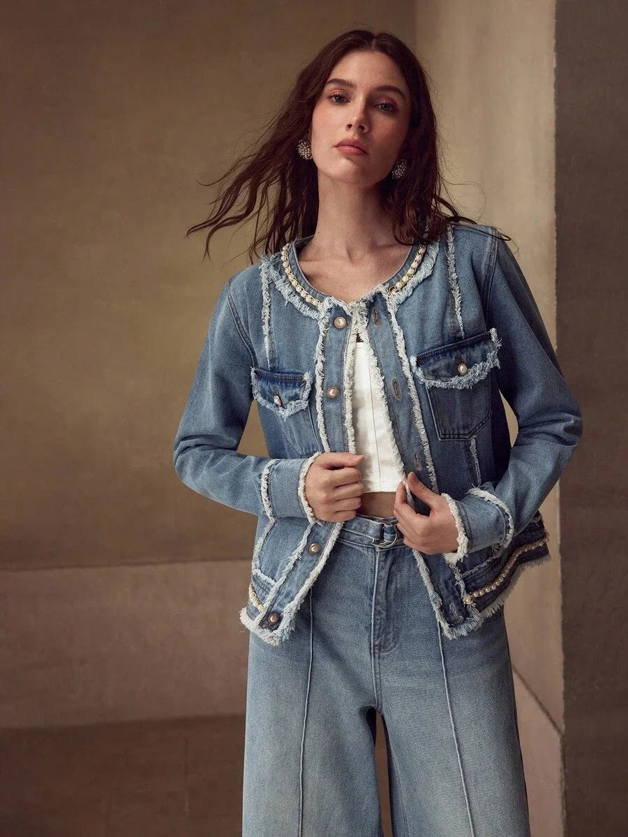 PREMIUM WOMENS FAUX PEARL AND CHAIN DETAIL RAW EDGE FLAP POCKET DENIM JACKET