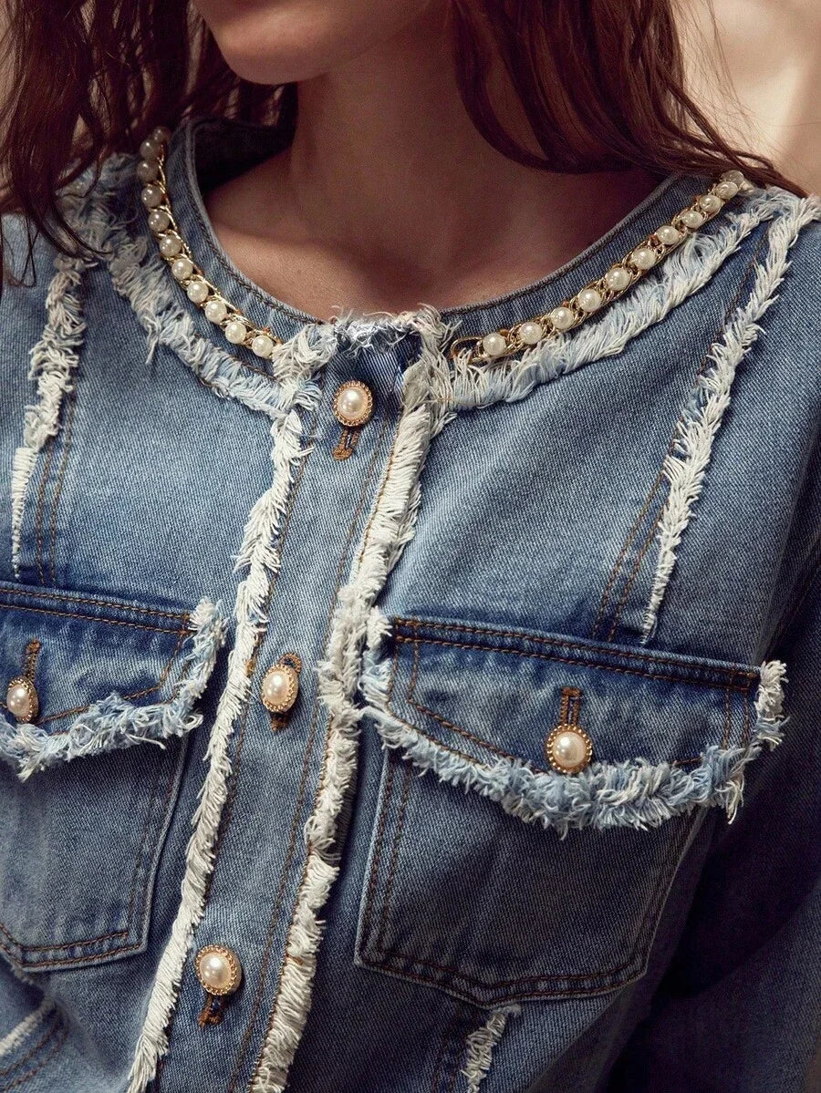 PREMIUM WOMENS FAUX PEARL AND CHAIN DETAIL RAW EDGE FLAP POCKET DENIM JACKET