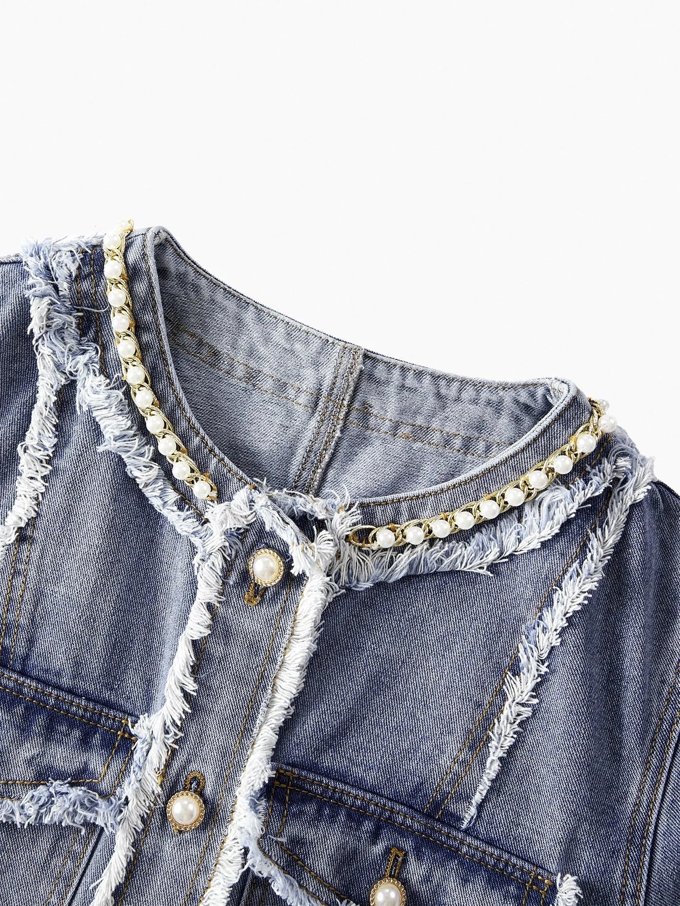 PREMIUM WOMENS FAUX PEARL AND CHAIN DETAIL RAW EDGE FLAP POCKET DENIM JACKET