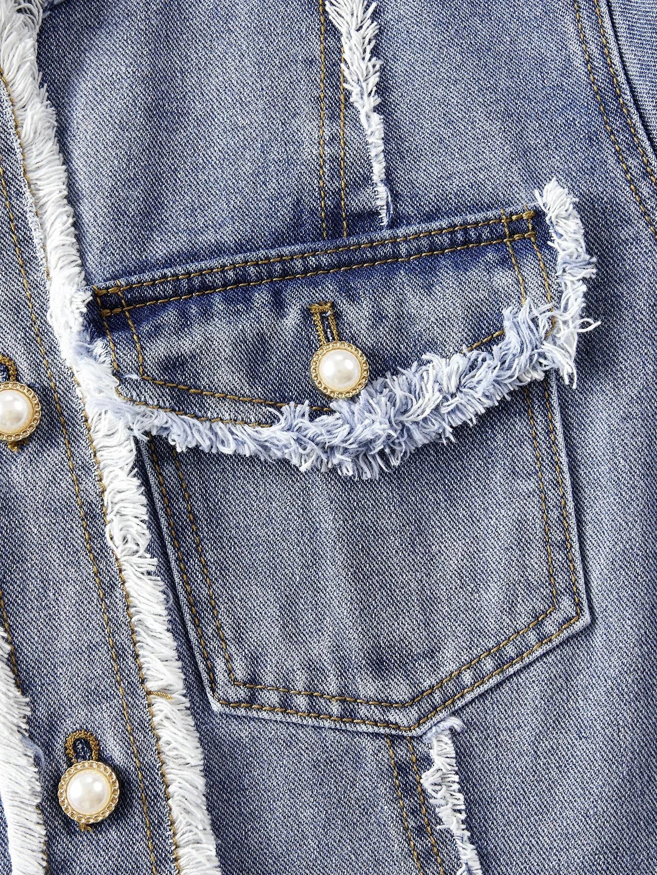 PREMIUM WOMENS FAUX PEARL AND CHAIN DETAIL RAW EDGE FLAP POCKET DENIM JACKET